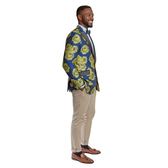 Yellow Textured Floral Blue Blazer Jacket by Tazio - Picture 3 of 6